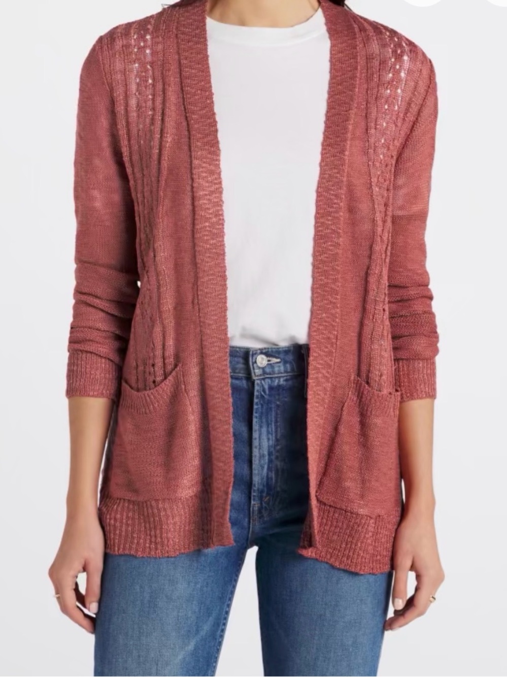 Open-Front Coral Knit Cardigan with Pockets